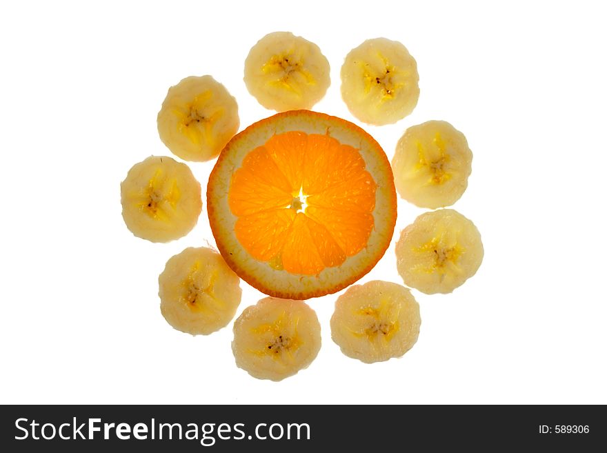 A pattern of sliced bananas and oranges. A pattern of sliced bananas and oranges