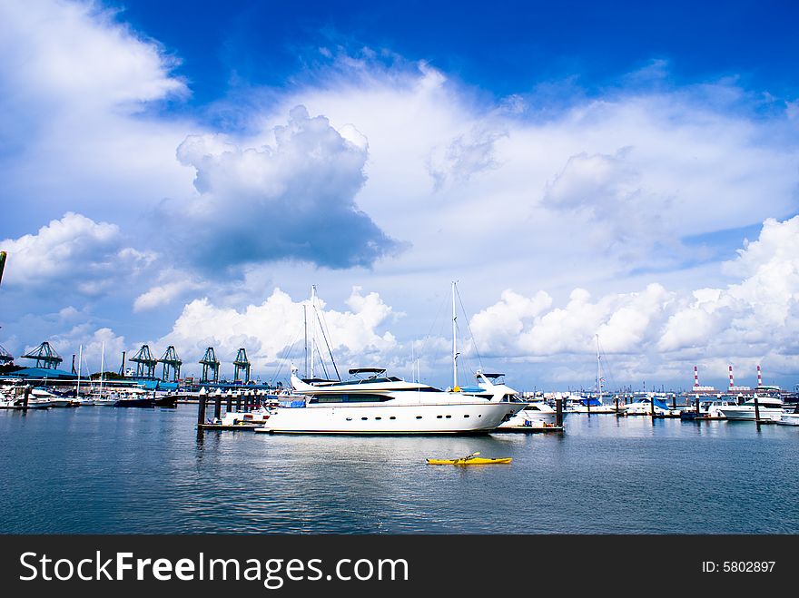 Beautiful habor view wth blue sky and luxury yacht in tropical country