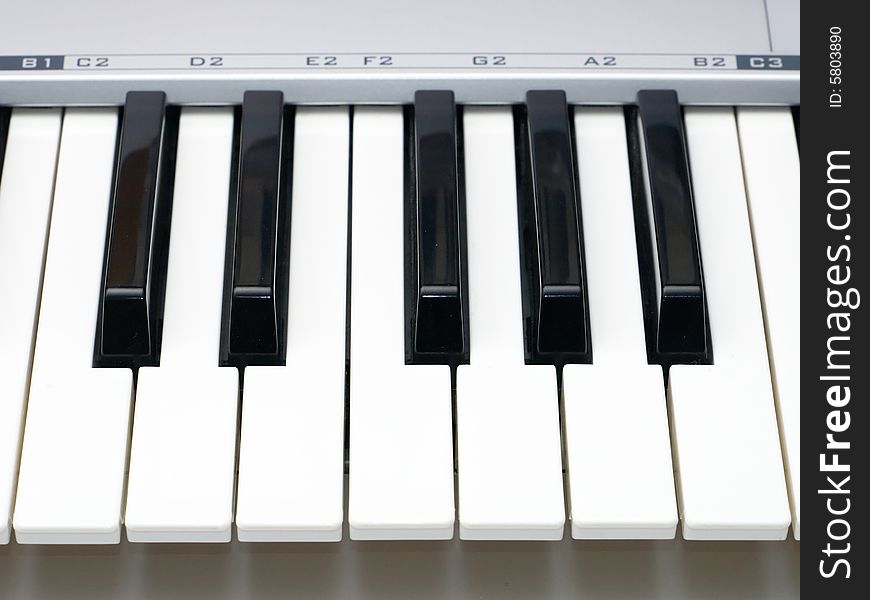 One Octave Of Midi Keyboard With Notes Letters Over Keys Close Up. One Octave Of Midi Keyboard With Notes Letters Over Keys Close Up