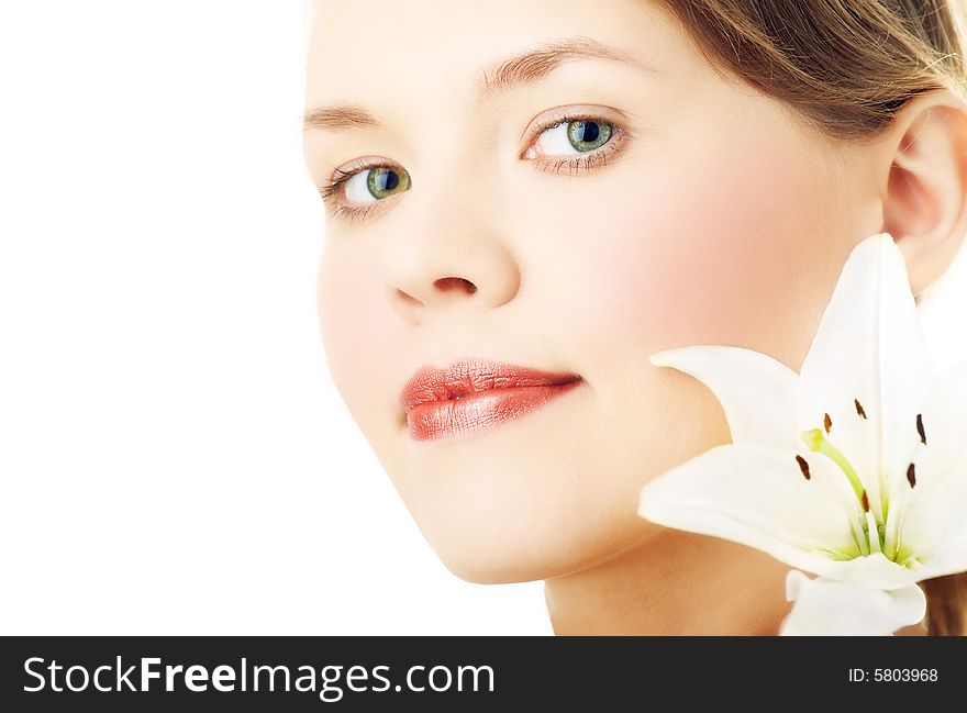 Portrait of Fresh and Beautiful woman with flower isolated on white background