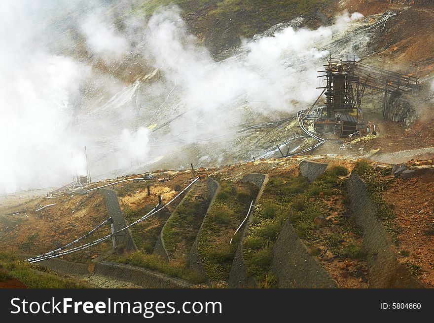 Forgotten coalmine in heavy fog