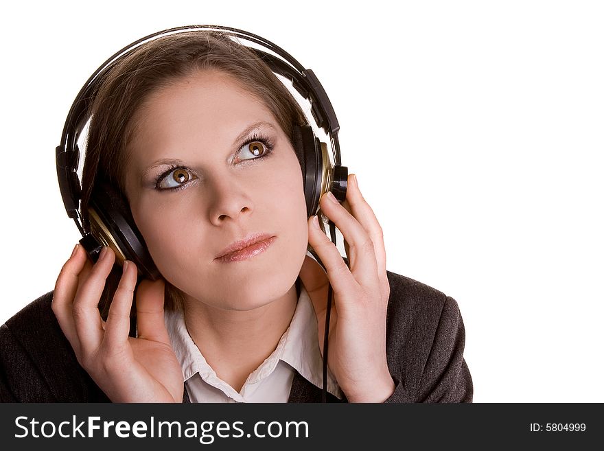 Girl with headphones on white background