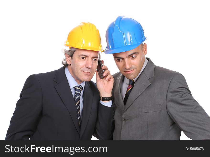 Two Engineers or Architects, on the phone, isolated in white background