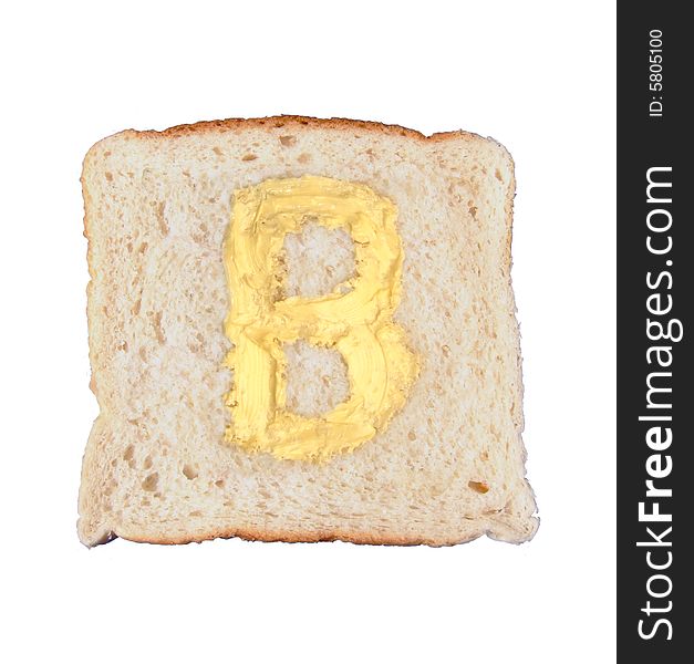 B shape in butter on white bread isolated on white. B shape in butter on white bread isolated on white