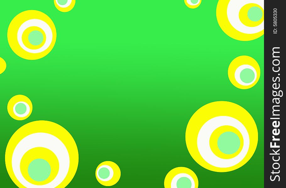 Funny green background with a yellow-white-and-green pois frame. Digital drawing. Coloured Picture. Funny green background with a yellow-white-and-green pois frame. Digital drawing. Coloured Picture.