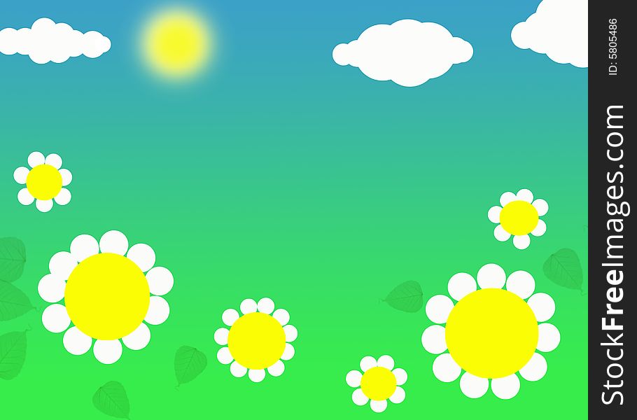 Funny landscape with daisies on the grass and clounds around the sun in the blu sky. Digital drawing. Coloured picture. Funny landscape with daisies on the grass and clounds around the sun in the blu sky. Digital drawing. Coloured picture.