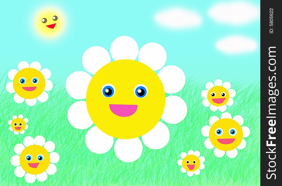 A beautiful day with sun and daisies smiling happy together. Digital drawing. Coloured picture. A beautiful day with sun and daisies smiling happy together. Digital drawing. Coloured picture.