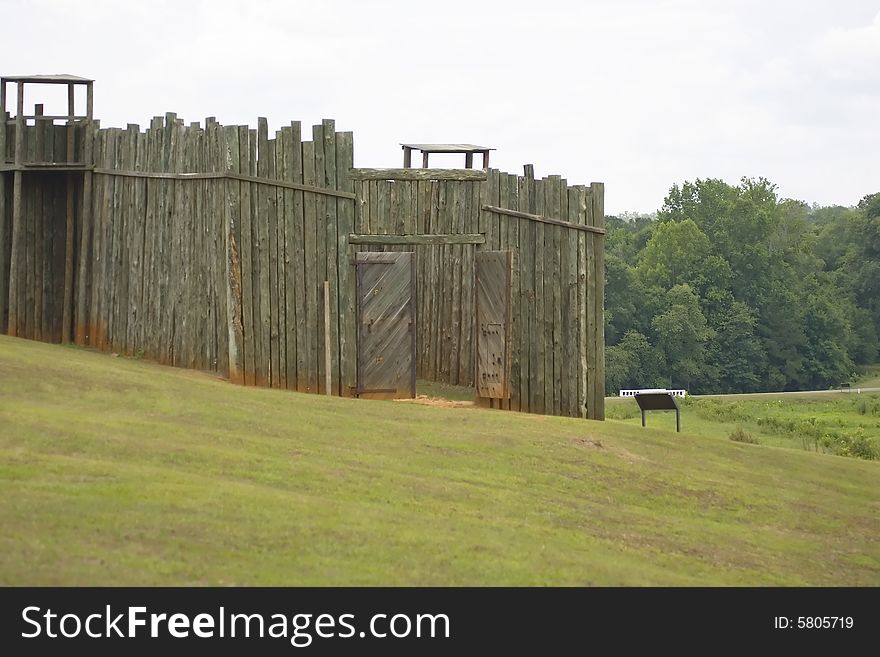 A reproduction of the north gate and gun towers at the Andersonville prison stockade in Georgia. A reproduction of the north gate and gun towers at the Andersonville prison stockade in Georgia