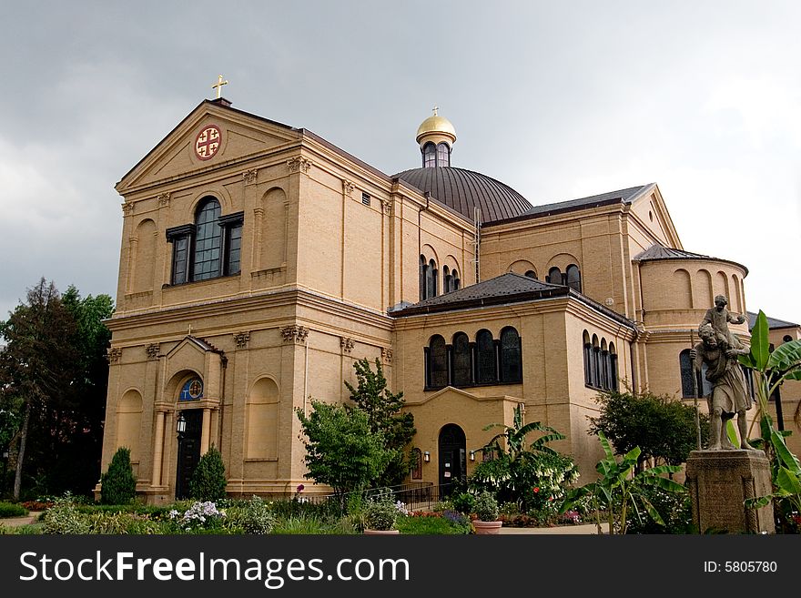 Mount St. Sepulchre, a Franciscan monastery with view of dome and statue