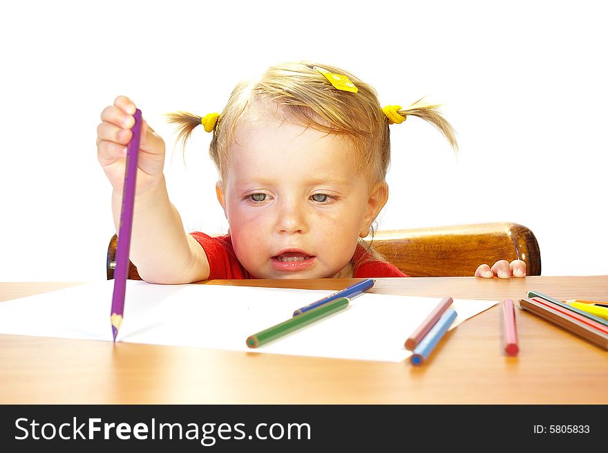 Cute little girl and color pencils isolated on white. Cute little girl and color pencils isolated on white