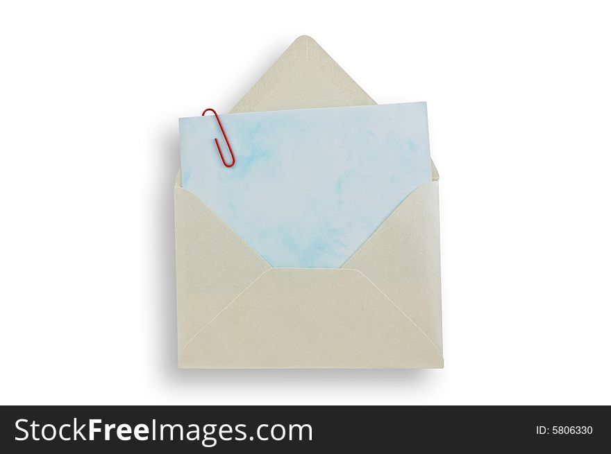 Open envelope wiht card inside, isolated white background, clipping path. Open envelope wiht card inside, isolated white background, clipping path.