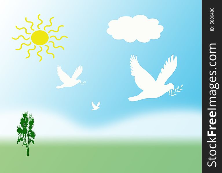 Computer generated illustration with three white doves, blue sky and sunshine. Computer generated illustration with three white doves, blue sky and sunshine