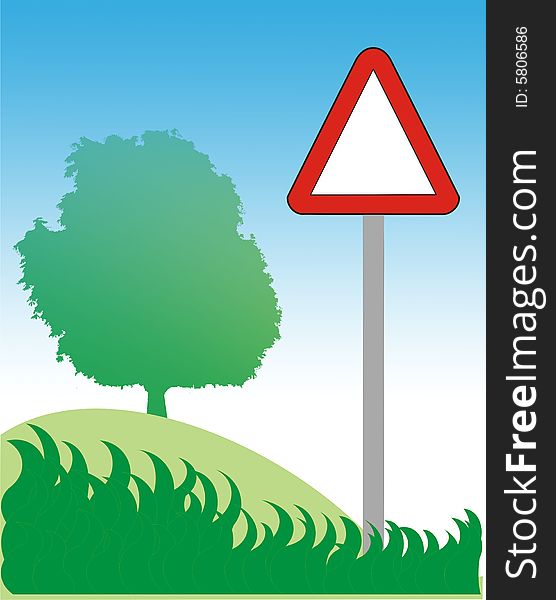 Road sign, tree and grass