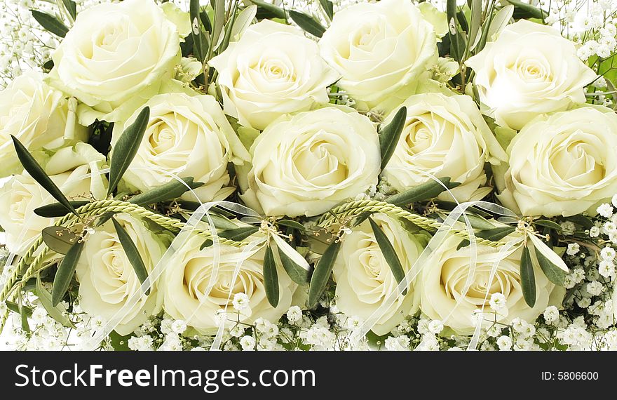 Closeup of a brides white rose bridal bouquet. Closeup of a brides white rose bridal bouquet