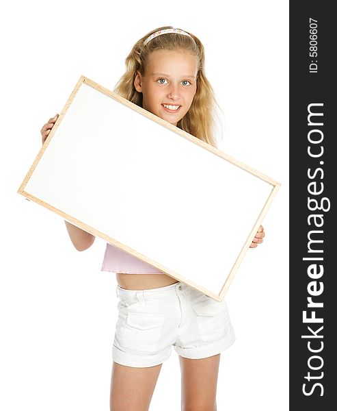 Young girl holding a white banner over a white background
