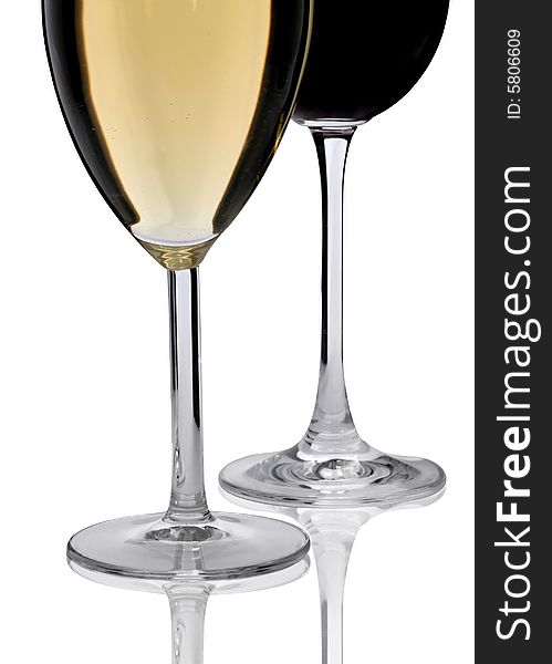 Two glasses of white and red wine, isolated on a white background. Two glasses of white and red wine, isolated on a white background