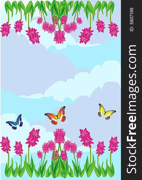Illustration of sky and butterfly and flowers. Illustration of sky and butterfly and flowers