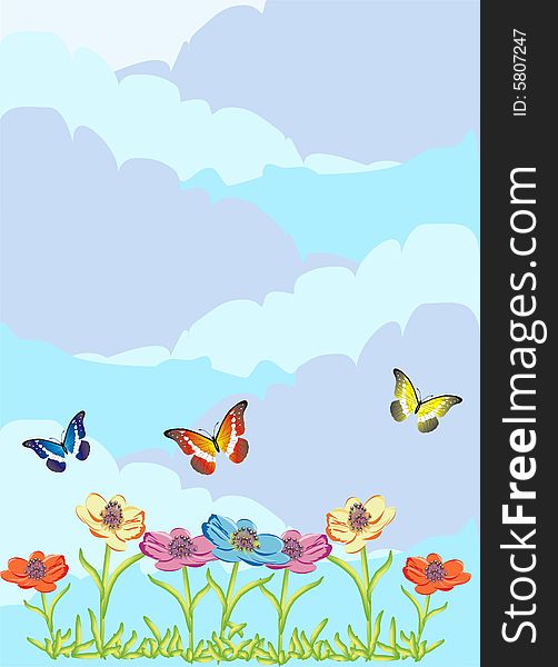 Illustration of sky and butterfly and flowers. Illustration of sky and butterfly and flowers
