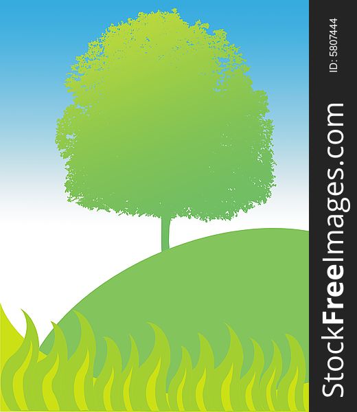 Vector tree and grass with hills and sky background.