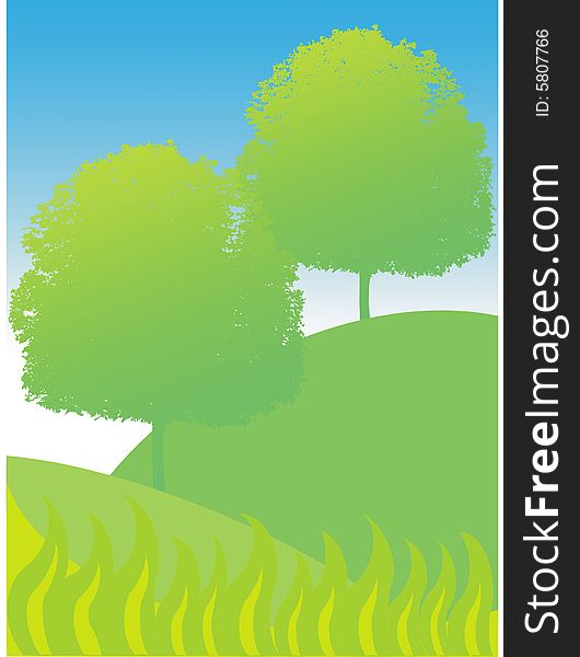 Vector trees and grass with hills and sky background.
