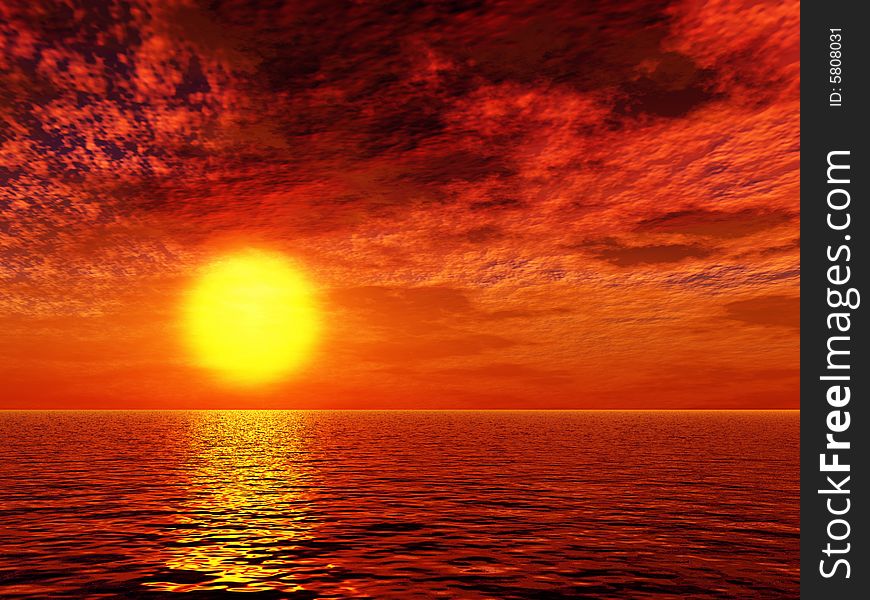 Beautiful sunset over the sea. 3d image