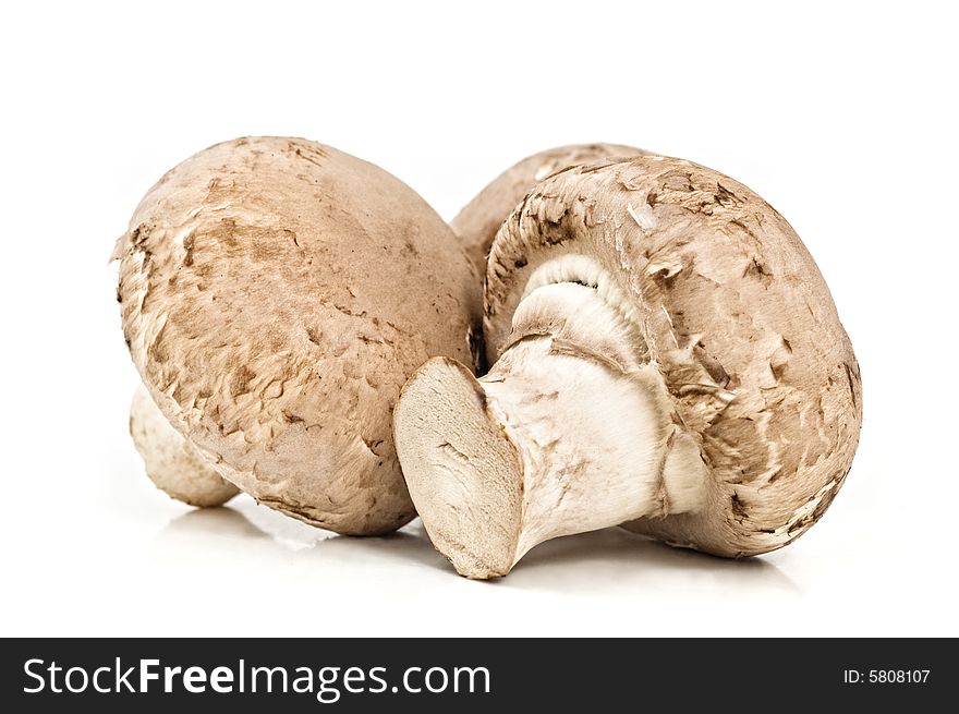 Champignons (agaricus bisporus)  isolated on white background, studio shot.