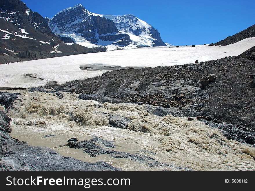 Columbia Glacier and the water flow melting from the glacier in Rockies Icefield National Park