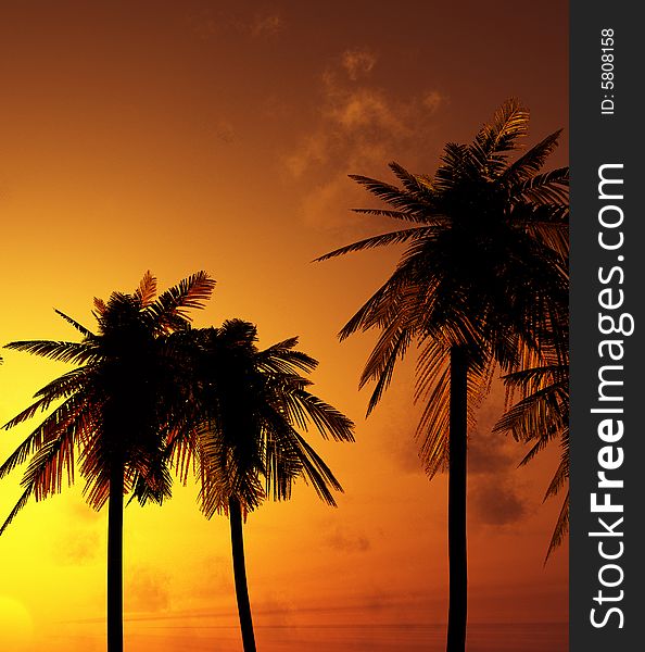 Beautiful sunset with palms. 3d image