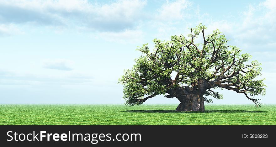 Beautiful landscape with tree. 3d image