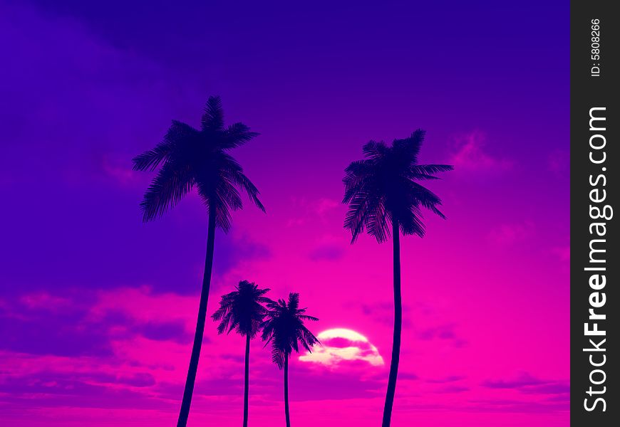 Beautiful sunset with palms. 3d image