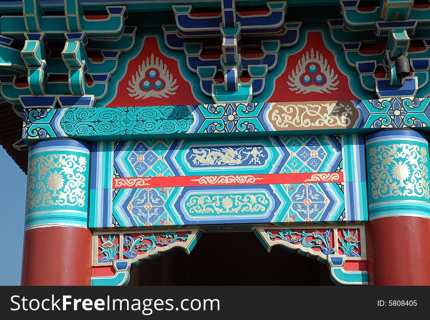 A photograph showing the detail of a Buddhist temple and Chinese architecture. A photograph showing the detail of a Buddhist temple and Chinese architecture.