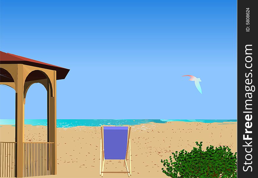 Summer beach scene with chaise lounge