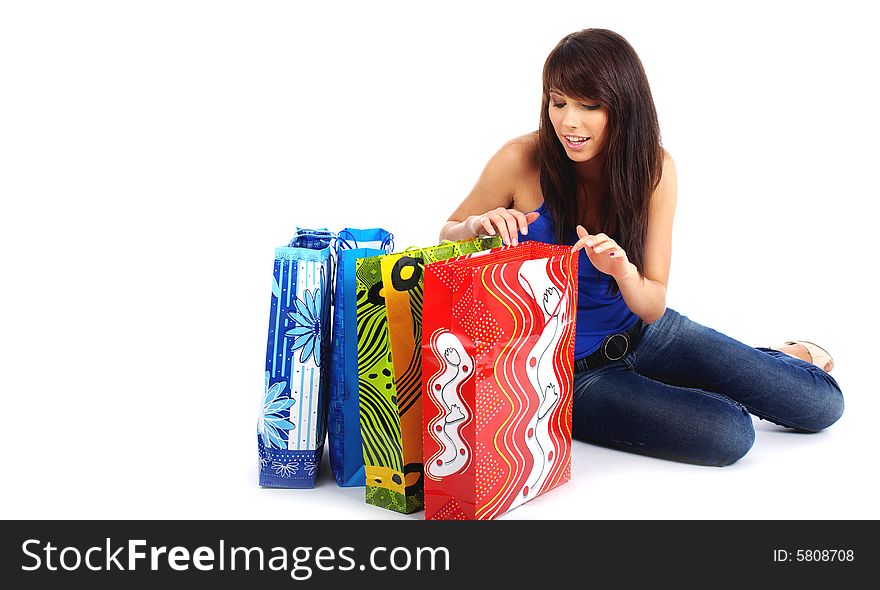 Happy shopping girl. white background. Happy shopping girl. white background