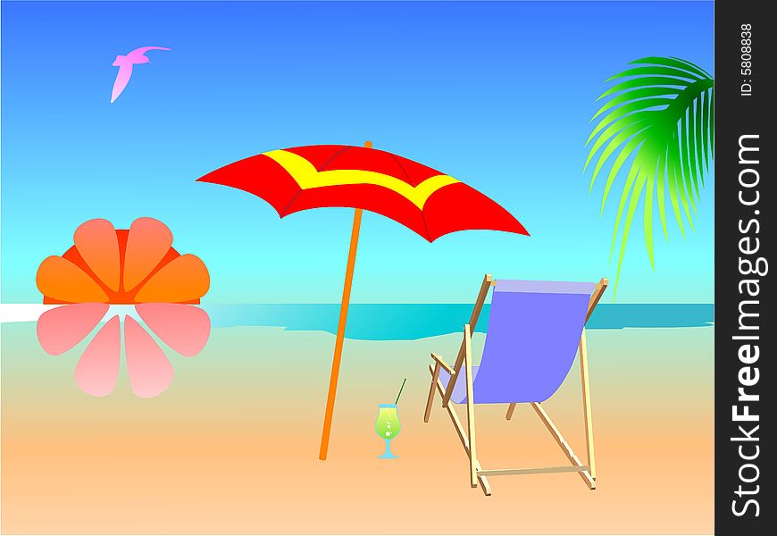 Summer beach scene with chaise lounge and umbrella