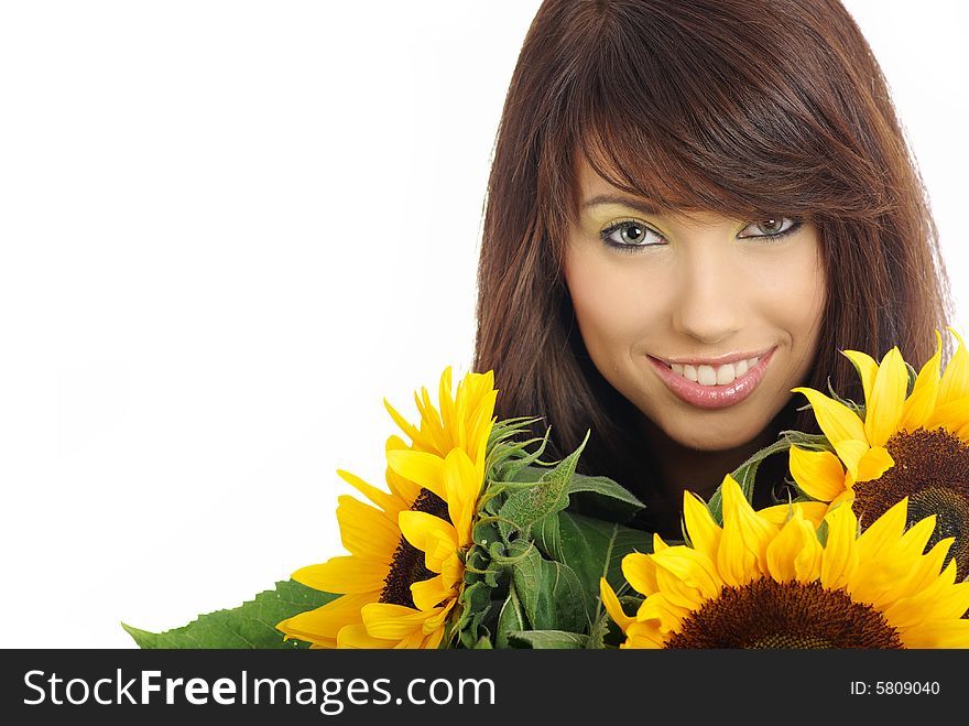 Beautiful girl with sunflowers on white background. Beautiful girl with sunflowers on white background