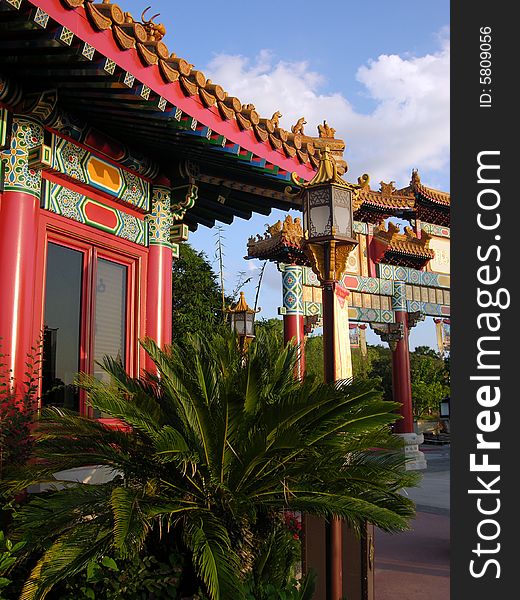 Characteristic Asian exterior in warm sunset light in one of Florida's parks.