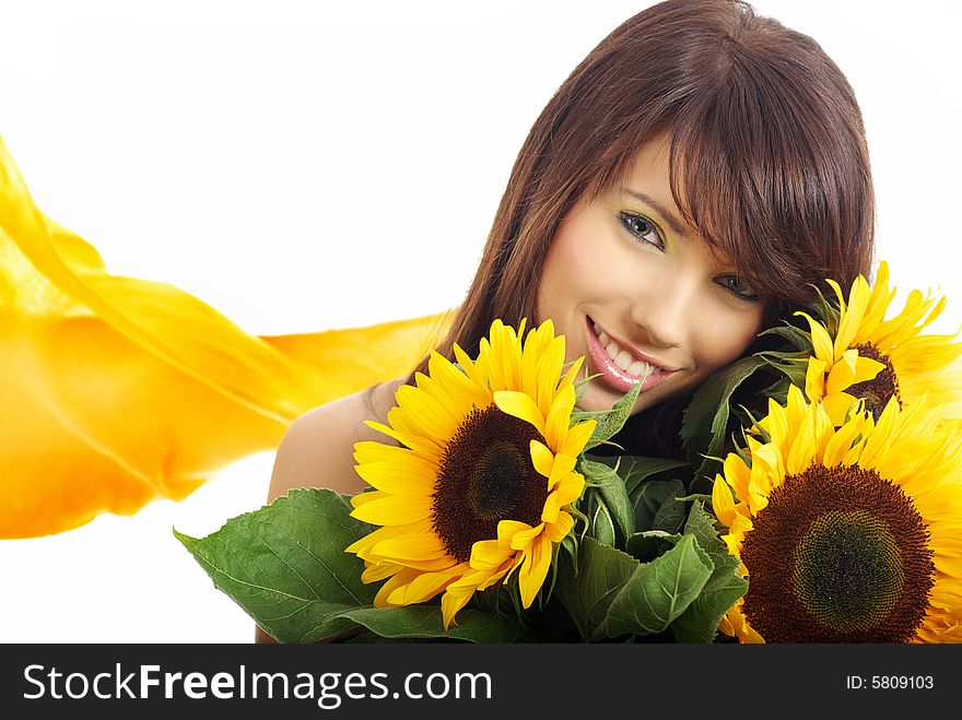 Beautiful girl with sunflowers on white background. Beautiful girl with sunflowers on white background
