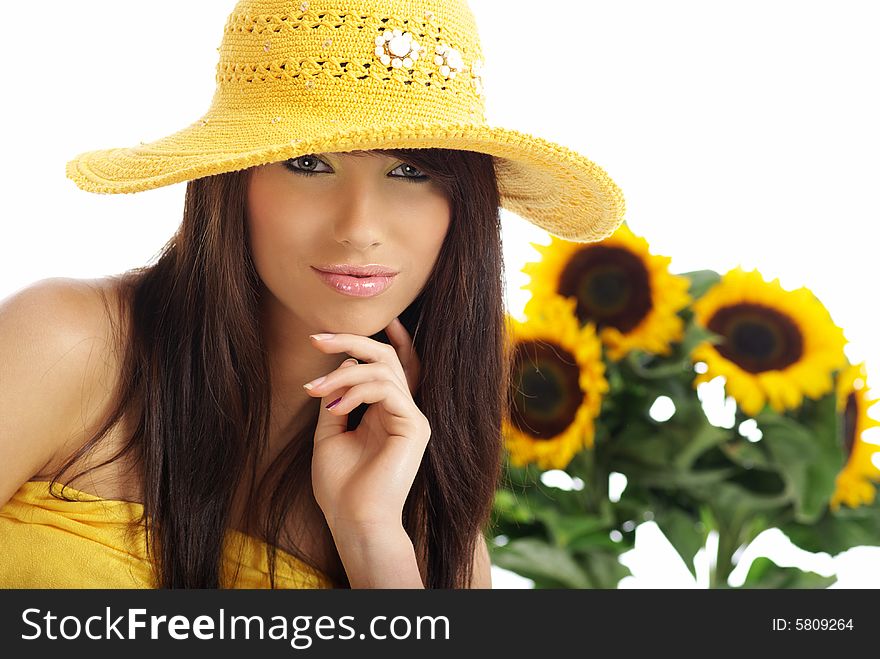 Beautiful girl with sunflowers on white background. Beautiful girl with sunflowers on white background