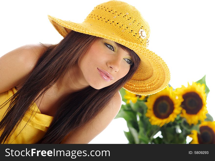 Beautiful girl with sunflowers on white background. Beautiful girl with sunflowers on white background