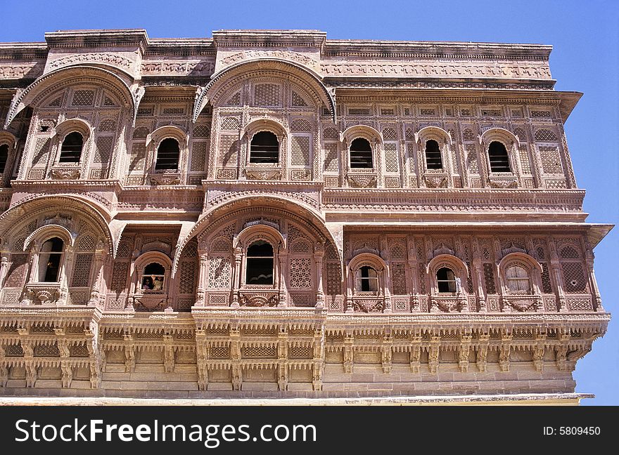 Full carved part of giant palace of Meherangarh Fort in Jodhpur, Rajasthan, India. Full carved part of giant palace of Meherangarh Fort in Jodhpur, Rajasthan, India