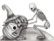 Art Skull With Pumpkin Halloween Day. Royalty Free Stock Image