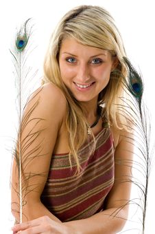 Portrait Of Beautiful Girl With Peacock A Feather. Royalty Free Stock Photos Portrait Of Beautiful Girl With Peacock A Feather. Royalty Free Stock Photos