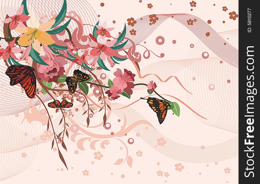 Floral background with butterflies, vector illustration series. Floral background with butterflies, vector illustration series.