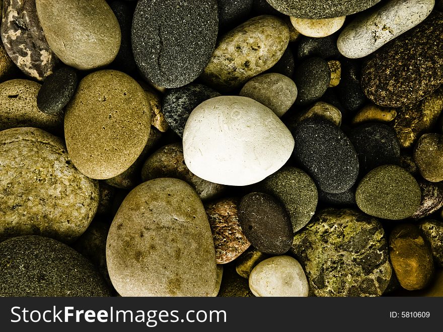 Group of rounded stones with one white stone in the center of the frame. Group of rounded stones with one white stone in the center of the frame