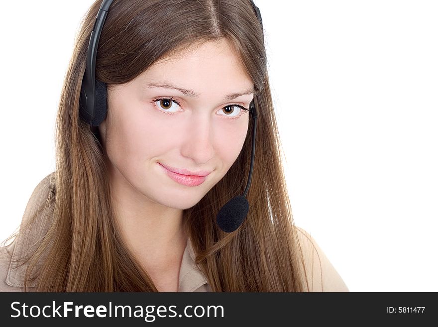 Portrait of a lovely lady with headset on white background. Portrait of a lovely lady with headset on white background