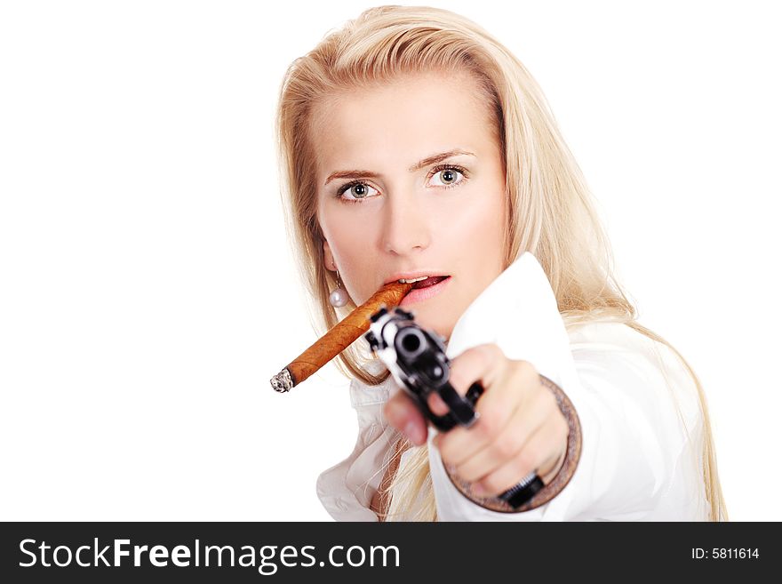 Portrait of a lovely lady with gun and cigar on white background. Portrait of a lovely lady with gun and cigar on white background