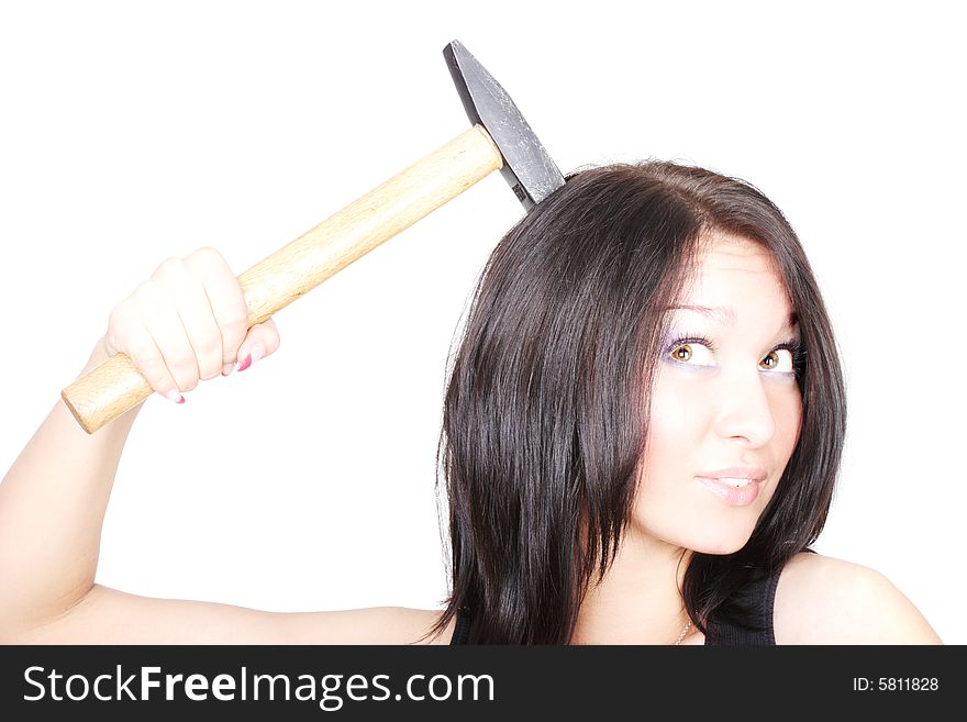 Cute brunette holding a hammer on white background. Cute brunette holding a hammer on white background