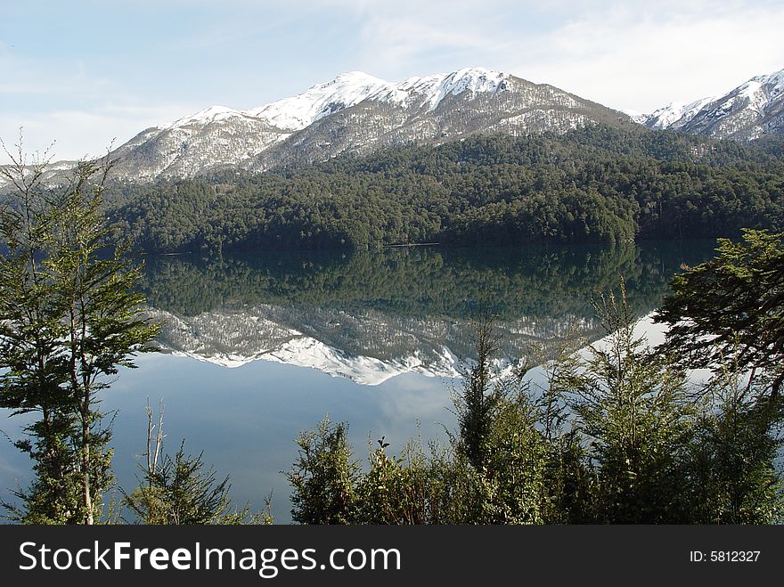 Reflected mountains between forest