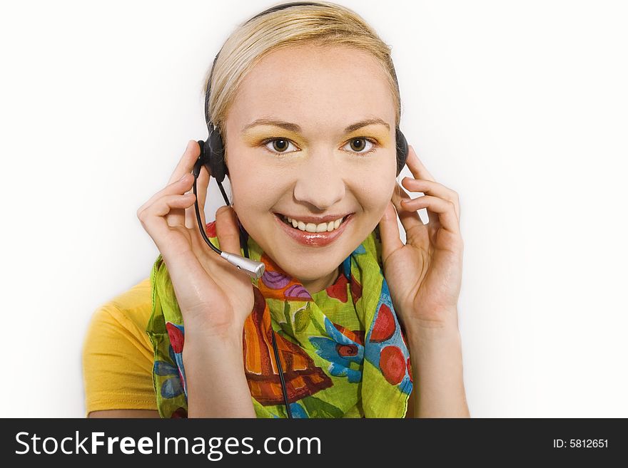 Beautiful Customer Representative girl with headset - white background