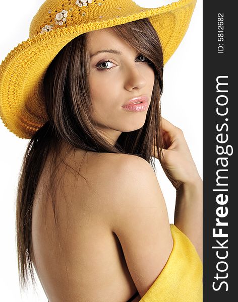 girl in yellow hat and swimwear. girl in yellow hat and swimwear